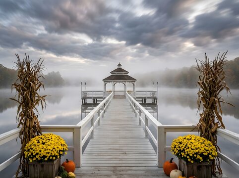 Wooden pier with gazebo on misty lake decorated for fall with mums and pumpkins