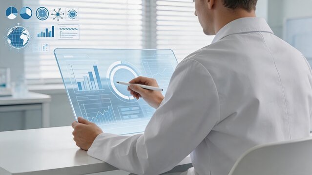 Diverse business professionals collaborating around interactive touchscreen table, analyzing global data maps and digital interfaces in high tech office environment.