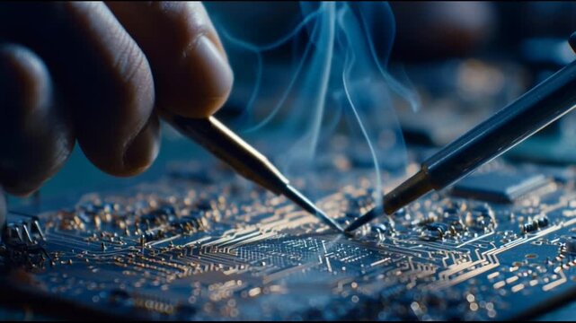 Hands using soldering tools on circuit.