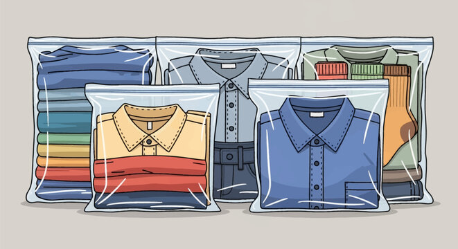 Detailed vector art of men's clothing items including button-down shirts, folded t-shirts, trousers, and socks neatly packed inside clear plastic storage bags with zip locks.