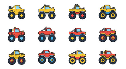 Colorful monster truck collection with oversized tires and roll bars © alina