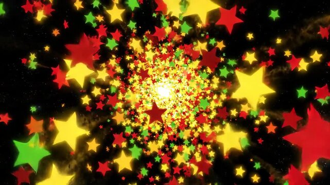 Colorful star pattern with yellow, red, and green abstract glowing cosmic space festive background featuring vibrant star shapes bursting outward and scattering across dark, dynamic, energetic