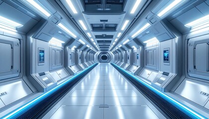 Fototapeta premium Futuristic Sci-Fi Spaceship Corridor with Blue Neon Lights.