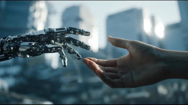 Human hand touching robotic hand technology 1.