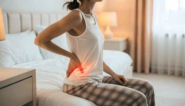 Lower back pain and spinal health care. Lumbar muscle strain and sciatica symptom treatment. Young woman sitting on a bed while holding her aching back with glowing red pain highlight
