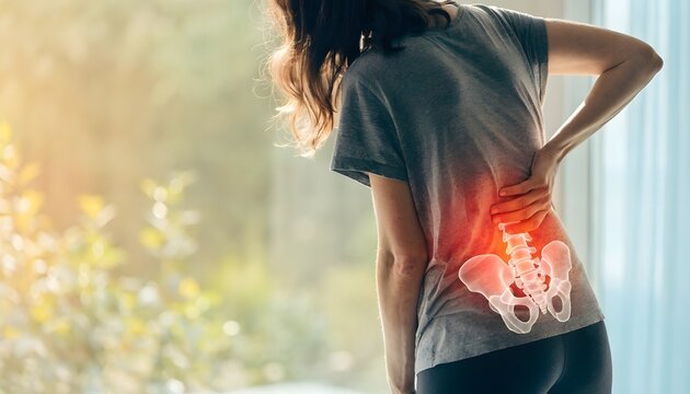 Woman lower back pain and pelvic bone anatomy graphic. Spine inflammation and posture correction medical concepts. Female standing near a bright window holding her aching lumbar