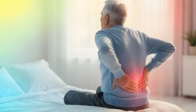 Senior backache and degenerative disc disease. Elderly healthcare or geriatric wellness need. Old man sitting on a bed holding his aching lower back with a red pain highlight