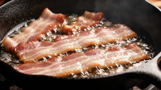 Crispy bacon frying and sizzling in hot oil in black cast iron skillet, close up showing golden brown edges, savory breakfast aroma, appetizing and comforting pork skillet scene