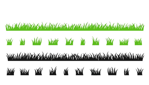 Grass borders and tufts elements set vector with silhouette