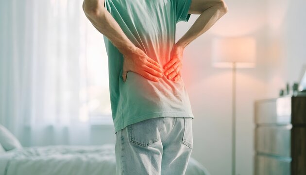 Lower back pain and muscle strain in a bright bedroom. Spine healthcare and posture correction concept. Rear view of a young man holding his painful aching back at home