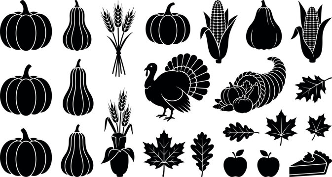 Collection of hand-drawn black and white line art icons featuring fall vegetables, gourds, and a Thanksgiving turkey.