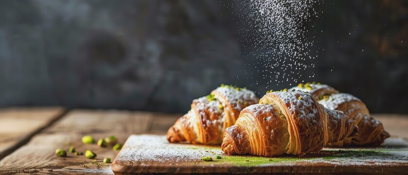 Deliciously dusted croissants on wooden board.