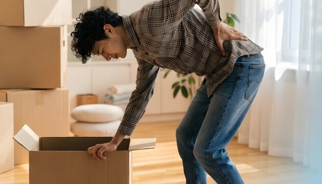 Injury from improper lifting technique during home relocation. Lumbar strain prevention and physical safety needs. Young man bending over a cardboard box holding his painful lower back