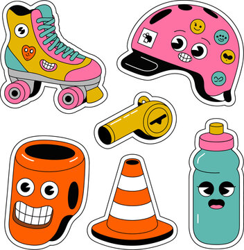 Action Roller Derby Championship And Extreme Rollerblading Sport, Funny Female Skater Athlete And Protective Gear Mascot Sticker Sheet Vector
