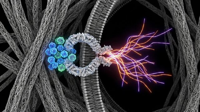 Toll様受容体が病原体と結合し警告シグナルを発する黒背景の抽象的な科学CG映像