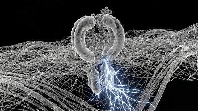 Toll様受容体が病原体と結合し警告シグナルを発する黒背景の抽象的な科学CG映像