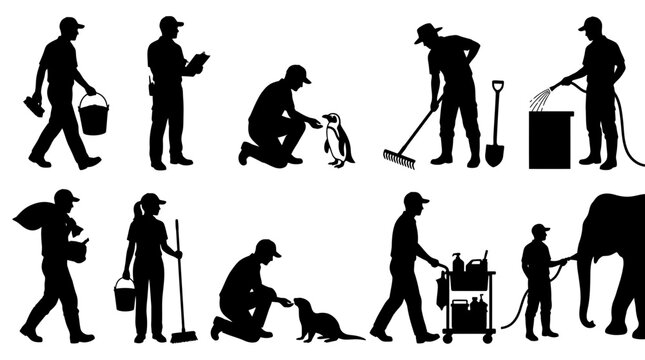 Zookeeper Daily Routine Silhouette Collection Set Featuring Professional Animal Caretakers Performing Feeding Cleaning And Veterinary Procedures