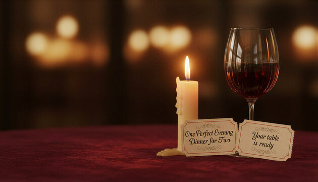 Romantic dinner for two setup with red wine glass, burning candle, and vintage tickets on dark red tablecloth. Intimate evening, anniversary, or restaurant reservation concept