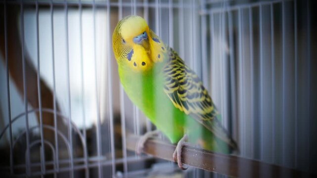 Close-up of a green and yellow male budgie parakeet with a blue cere sitting on a perch inside a cage and singing with original natural audio