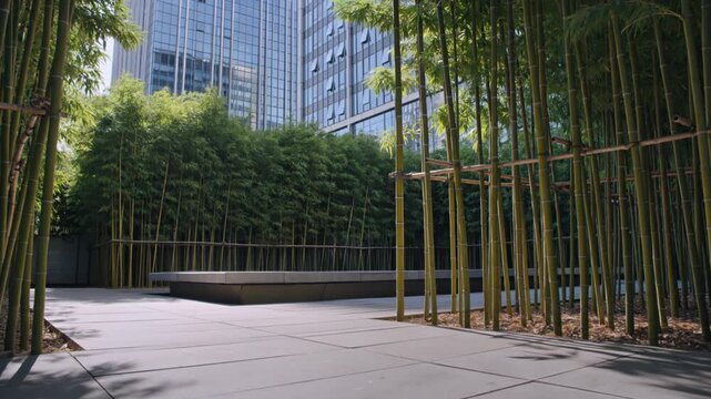 Bamboo grove pathway beside contemporary office towers in peaceful city park with sunlight filtering through green stems Concept of ecological urban design