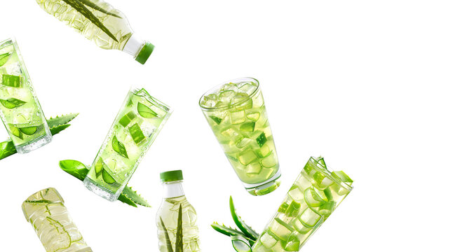 Multiple glasses and bottles with green aloe drink and cubes isolated on white background, concept of freshness