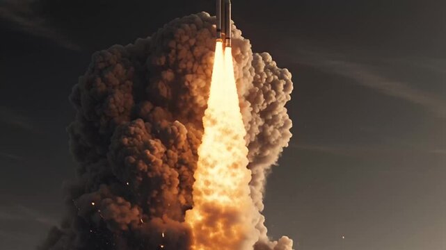 A powerful space rocket launching into the sky with a massive plume of smoke and fire.