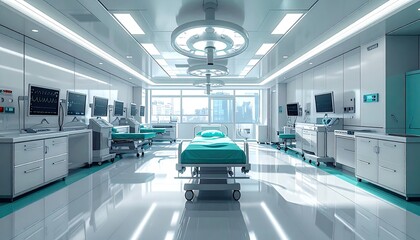 Obraz premium Modern Hospital Operating Room with Advanced Medical Equipment and Natural Light.
