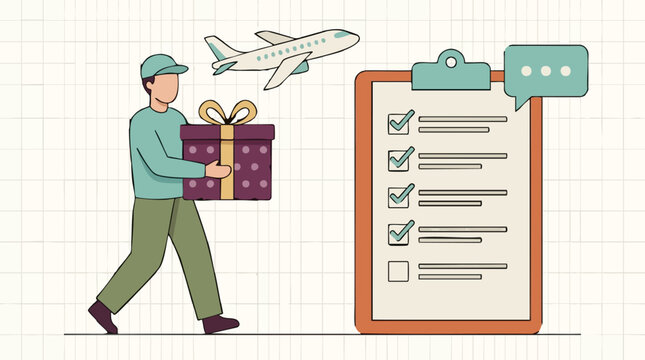 Delivery Service Illustration with Courier, Gift Box, Airplane, and Checklist