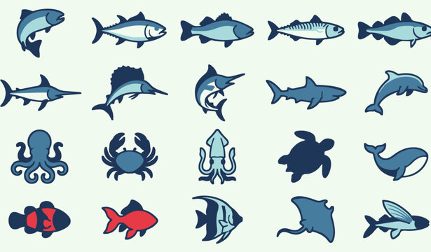 Modern Fish Icon and Marine Vector Illustration