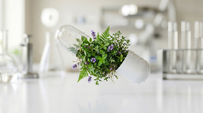 Conceptual pharmaceutical capsule pill opening to reveal green medicinal plants and flowers macro photo