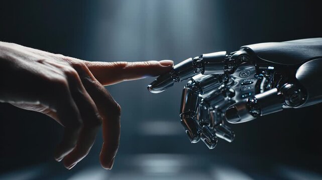 Closeup of human finger touching robotic mechanical hand, concept of artificial intelligence and humanmachine interaction