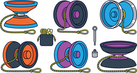 Colorful Yo-Yo and Diabolo Toy Icon Set with Counterweight String Pouch and Axle Bearing Tools for Retro Gaming and Hobby Graphic Designs Vector