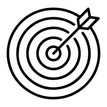 Minimalist target icon with arrow in center, black line art bullseye vector, business goal and marketing strategy concept illustration