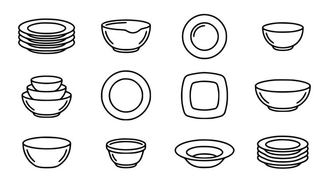 Kitchen tableware and ceramic dinnerware line icon set featuring stacked plates round bowls square dishes and soup saucers vector
