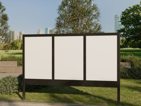 Blank Three Panel Poster Display Mockup on Urban Park Area 3D Render