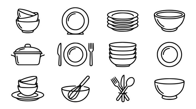 Kitchen dinnerware and tableware linear icon set featuring stacked plates ceramic bowls cutlery settings pot and cooking whisk vectors