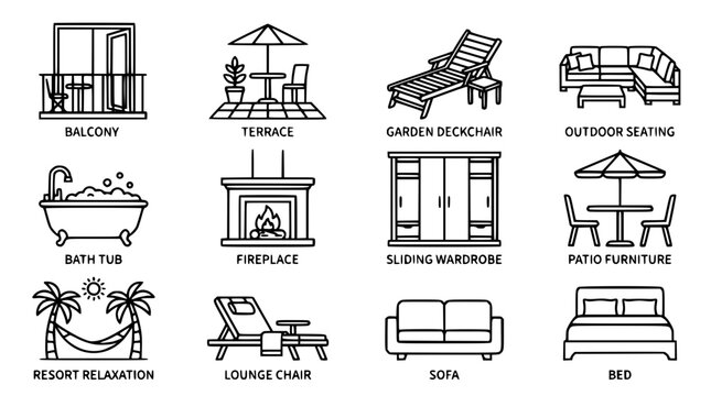 Outdoor patio furniture and cozy home interior linear icon set featuring terrace seating garden deckchairs lounge beds and fireplace symbols