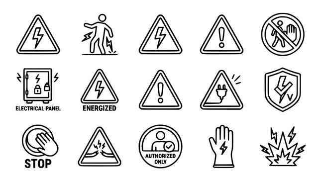 High voltage hazard and electrical safety vector icon set containing linear warning signs shock risks energized panels and protection symbols