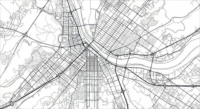Detailed urban city map with street grid and river layout