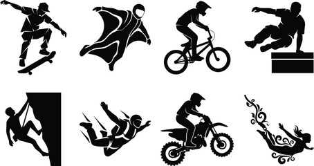 Extreme Sports Silhouette Collection Featuring Skateboarding BMX Climbing and Skydiving © MstKhairun