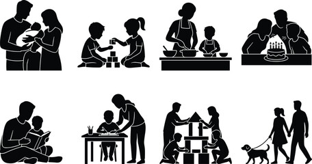Obraz premium Family Life Silhouette Collection Featuring Parenting Education and Everyday Activities