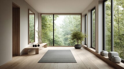 Fototapeta premium Modern wellness room with nature views and minimalist design
