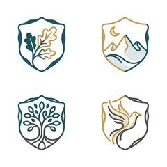 Fototapeta premium Minimalist Shield Emblem Nature Logo Set Heraldic Oak Leaf Tree Bird Crest Brand Vector Illustration