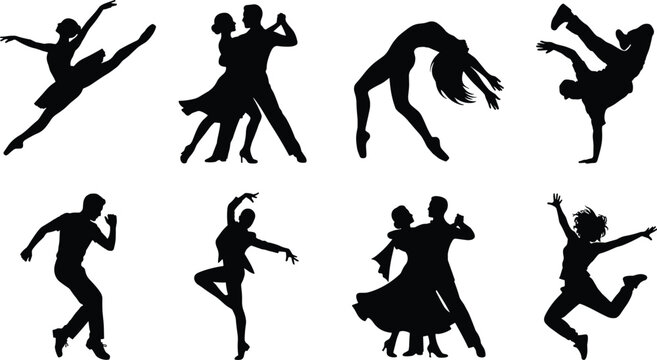 Dynamic dance silhouettes featuring ballet, ballroom, jazz, breakdance, and contemporary movement styles