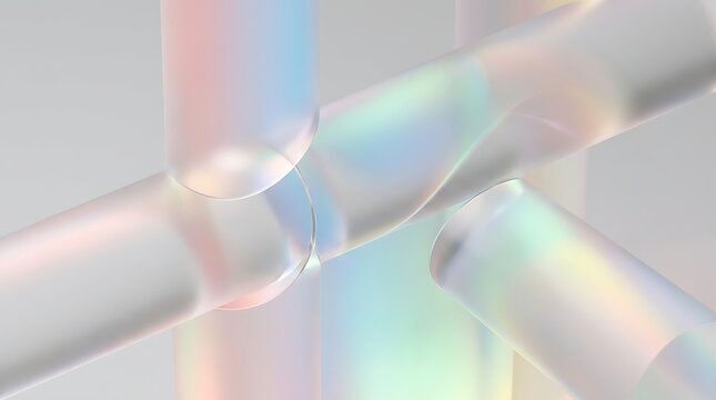 Frosted acrylic cylinders refract light, crossing tubes with rainbow effect
