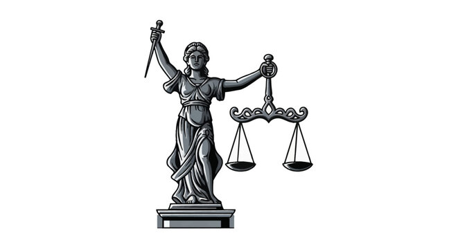 Stylized vector illustration of Lady Justice on a pedestal holding balance scales and a sword, isolated on white background. Symbol of law, judicial systems, and legal fairness.