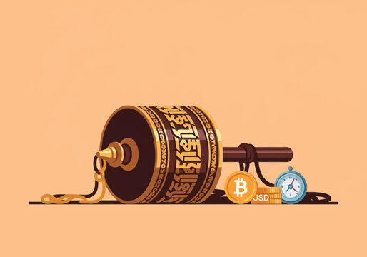 Vector illustration of a traditional Tibetan prayer wheel with script lying horizontally on a surface beside a Bitcoin coin, USD currency coins, and a navigation compass on beige background.