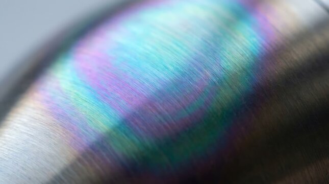 Close-up of brushed titanium metal surface with rainbow colors