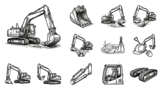 Collection of excavator sketches in various poses and actions.