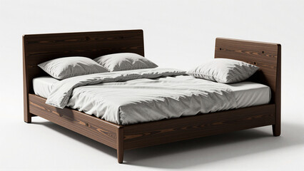 Fototapeta premium Modern Minimalist Wooden Bed Frame with White Linens for Bedroom Interior